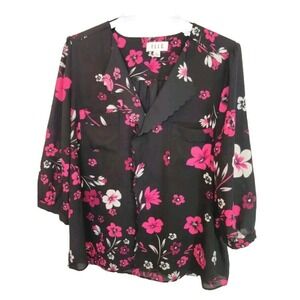 ELLE Black Floral Print V-Neck Pockets Chiffon 3/4 Sleeve Top Womans Size XL